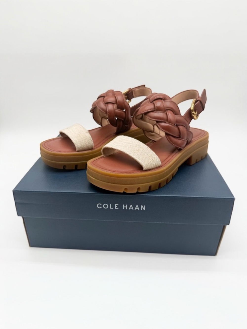 Cole Haan Cressida Braided Leather Ankle Strap Lug Sole Sandals Brown Tan 5 NEW